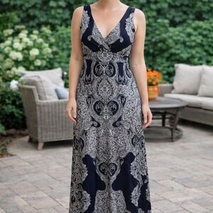INC International Concepts Navy and White Paisley Print Maxi Dress